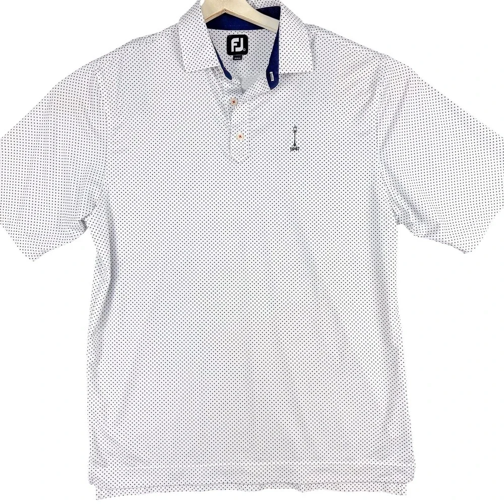 FootJoy Polo Shirt Mens Large White Micro Print‎ 1947 Lamp Post Golf Stretch Top